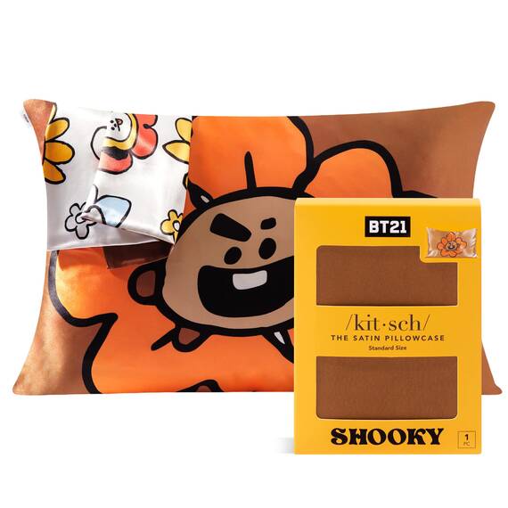 KitschKissenbezug aus Satin mit BT21-Motiv, mit Reißverschluss, für Haar und Haut, weicher als Seide, kühlend, maschinenwaschbar, knitterfrei, glatt, Queensize-Größe, 48 x 66 cm, Shooky