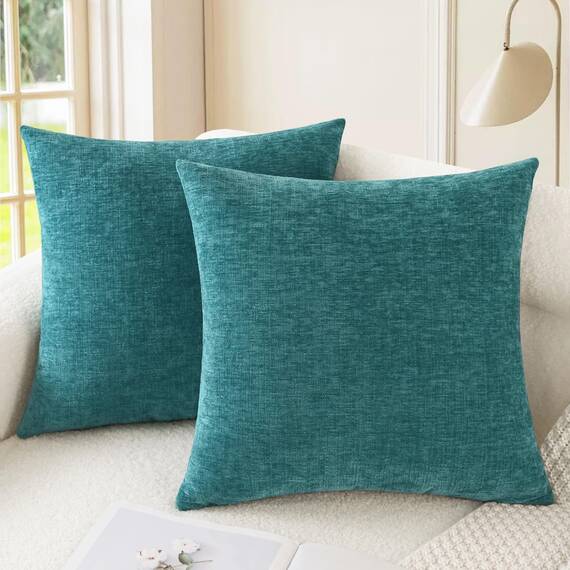 CaliTime Gemütliche Kissenbezüge für Couch, Sofa, Heimdekoration, einfarbig, weiches Chenille, 50 x 50 cm, Blaugrün, 2 Stück