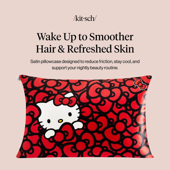 Kitsch Kissenbezug aus Satin mit Hello Kitty-Motiv, Reißverschluss für Haar und Haut, weicher als Seide, maschinenwaschbar, knitterfrei, glatt, Queensize-Größe, Kitty badet in einem Meer von Schleifen