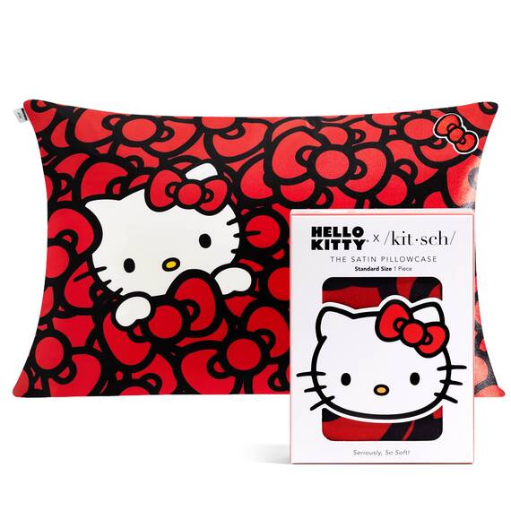 Kitsch Kissenbezug aus Satin mit Hello Kitty-Motiv, Reißverschluss für Haar und Haut, weicher als Seide, maschinenwaschbar, knitterfrei, glatt, Queensize-Größe, Kitty badet in einem Meer von Schleifen