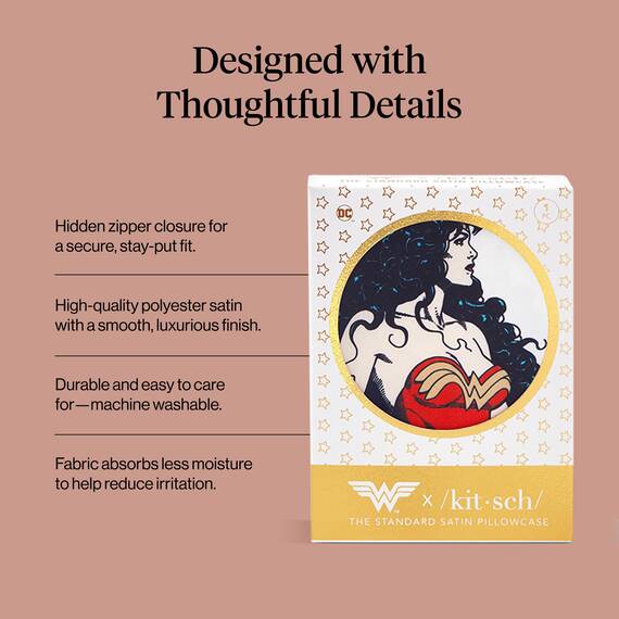 Kitsch Wonder Woman x Satin-Kissenbezug mit Reißverschluss, weicher als Seide, kühlende Kissenbezüge für Haar und Haut, Satin-Kissenbezüge, Standardgröße (Glauben Sie an Wunder, 1 Stück)