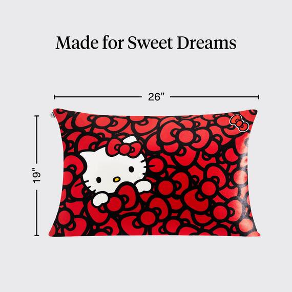 Kitsch Kissenbezug aus Satin mit Hello Kitty-Motiv, Reißverschluss für Haar und Haut, weicher als Seide, maschinenwaschbar, knitterfrei, glatt, Queensize-Größe, Kitty badet in einem Meer von Schleifen