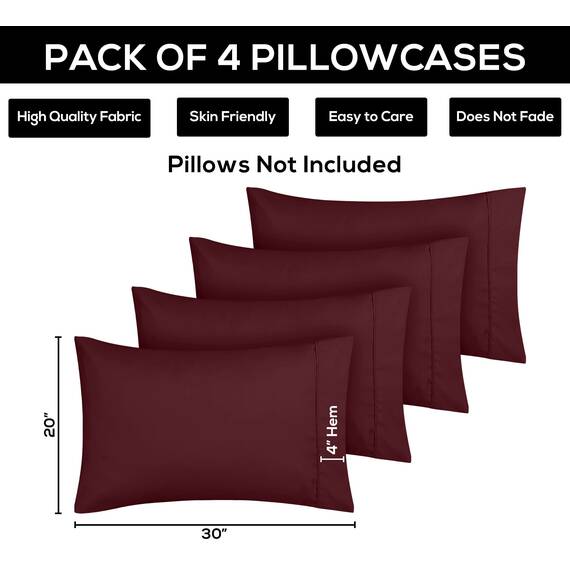 Utopia Bedding Queen-Kissenbezüge – 4er-Pack – Hotelverschluss – weicher, gebürsteter Mikrofaserstoff – schrumpf- und farbecht, Kissenbezüge, Queen-Size, 20 X 30 Inches (Burgunderrot)