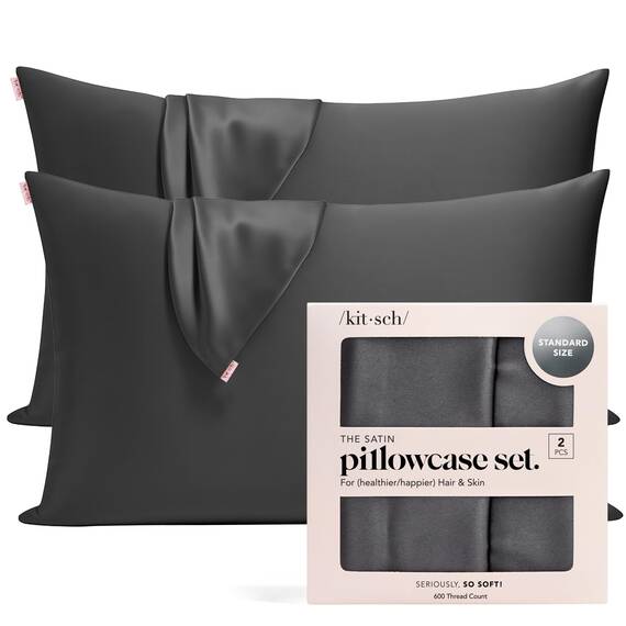 Kitsch Kissenbezug aus 100% Satin mit Reißverschluss, weicher als Seidenkissenbezug für Haar und Haut, kühlender Kissenbezug, Satin-Kissenbezug (Standard/Queen (2er-Pack), Anthrazit)
