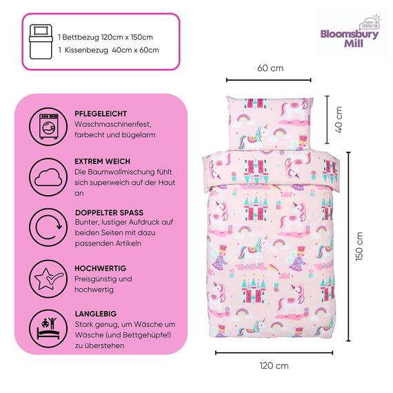 Bloomsbury Mill - Kinderbettwäsche 120 x 150cm Einhorn, Prinzessin und Regenbögen für Kinder - Baby Bettwäsche Mädchen - Rosa & Lila Wendebettwäsche und Kissenbezug-Set für Kleinkinder & Babybetten