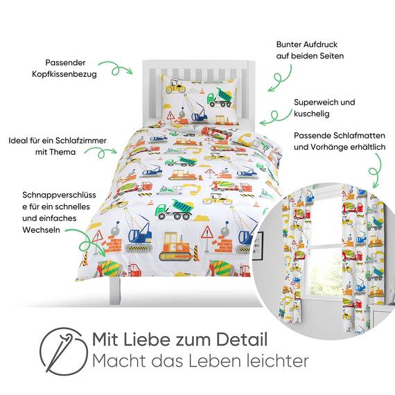 Bloomsbury Mill - Bettwäsche 200 x 200 cm Bagger Thema für Kinder - Doppelbett-Bettwäscheset Fahrzeuge für Jungen und Mädchen- Wendebettwäsche - und 2 Kissenbezug Set