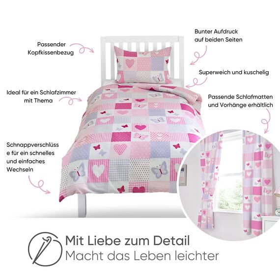 Bloomsbury Mill - Kinderbettwäsche 120 x 150cm Herzen & Schmetterlingen für Kinder - Baby Bettwäsche Mädchen - Rosa & Lila Wendebettwäsche und Kissenbezug-Set für Kleinkinder & Babybetten