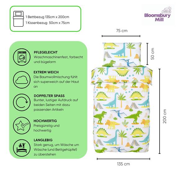 Bloomsbury Mill - Kinderbettwäsche 135x200 - Dinosaurier - Bettwäsche 135x200 Kinder Set für Mädchen und Jungen - Dino Wendebettwäsche und Kissenbezug - Einzelbettwäsche-Set