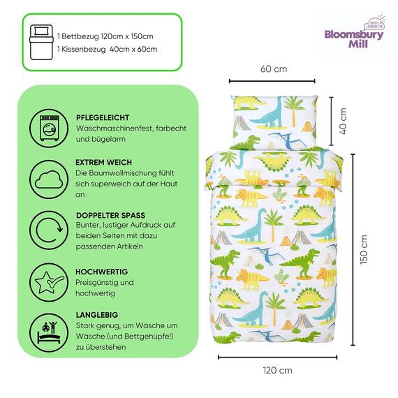 Bloomsbury Mill - Kinderbettwäsche 120 x 150cm Dinosaurier für Kinder - Baby Bettwäsche Mädchen und Jungen – Jurassic Dino Wendebettwäsche und Kissenbezug-Set für Kleinkinder & Babybetten