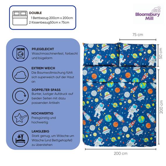 Bloomsbury Mill - Bettwäsche 200 x 200 cm Weltraum, Astronaut & Raketen für Kinder – Doppelbett Bettwäscheset für Jungen und Mädchen – Blau Wendebettwäsche und 2 Kissenbezug Set