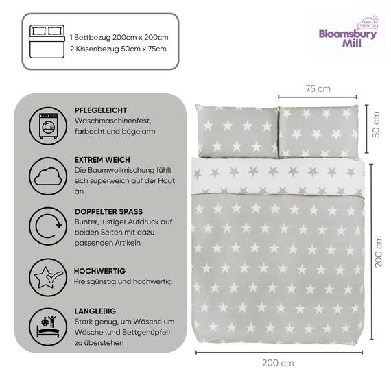 Bloomsbury Mill - Bettwäsche 200 x 200 cm Sterne für Kinder – Doppelbett Bettwäscheset für Jungen und Mädchen – Grau/Weiß Wendebettwäsche und 2 Kissenbezug Set