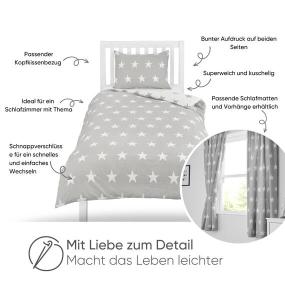 Bloomsbury Mill - Bettwäsche 200 x 200 cm Sterne für Kinder – Doppelbett Bettwäscheset für Jungen und Mädchen – Grau/Weiß Wendebettwäsche und 2 Kissenbezug Set