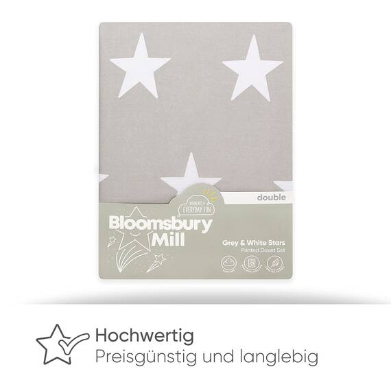 Bloomsbury Mill - Bettwäsche 200 x 200 cm Sterne für Kinder – Doppelbett Bettwäscheset für Jungen und Mädchen – Grau/Weiß Wendebettwäsche und 2 Kissenbezug Set