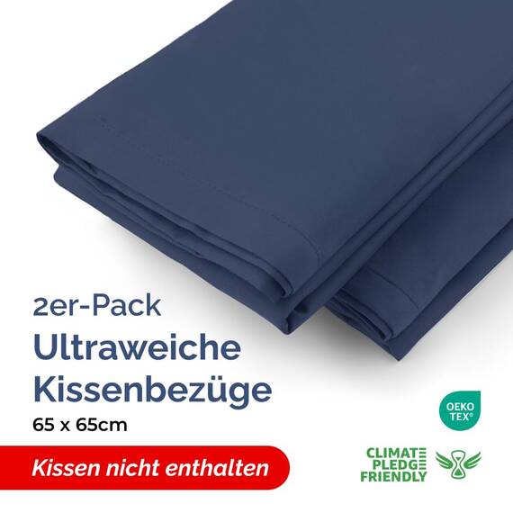 Kissenbezüge 65x65 cm Marineblau im 2er-Pack - Weiche Kopfkissenbezüge aus Mikrofaser - Atmungsaktive, pflegeleichte und knitterfreie Kissenhüllen - Maschinenwaschbar mit Hotelverschluss - Oeko-TEX