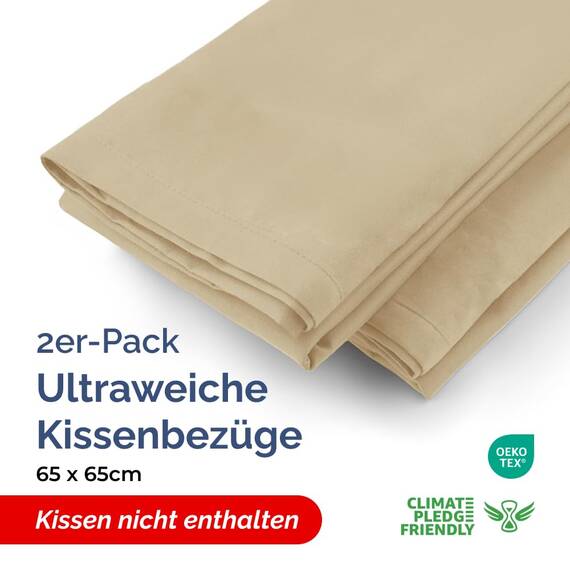 Kissenbezüge 65x65 cm Beige im 2er-Pack - Weiche Kopfkissenbezüge aus Mikrofaser - Atmungsaktive, pflegeleichte und knitterfreie Kissenhüllen - Maschinenwaschbar mit Hotelverschluss - Oeko-TEX