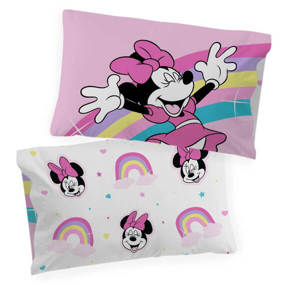 Disney Minnie Mouse Rainbow Stripe 1 Single Reversible Pillowcase - Double-Sided Kids Super Soft Bedding (Official Disney Product)