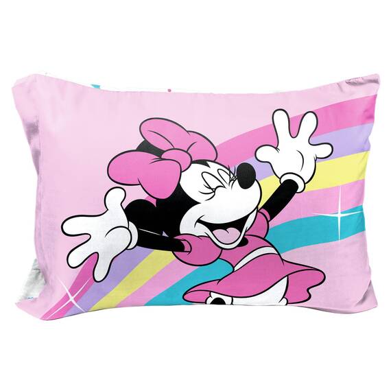 Disney Minnie Mouse Rainbow Stripe 1 Single Reversible Pillowcase - Double-Sided Kids Super Soft Bedding (Official Disney Product)