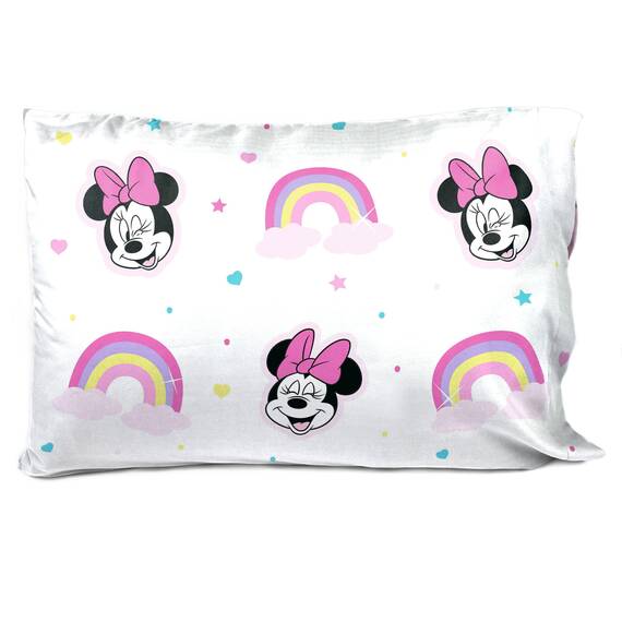 Disney Minnie Mouse Rainbow Stripe 1 Single Reversible Pillowcase - Double-Sided Kids Super Soft Bedding (Official Disney Product)