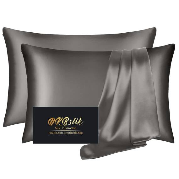 Seidenkissenbezug, 2er-Pack, Maulbeerseide, Queen-Size-Set, Anti-Akne-Seide-Kissenbezug für Haar und Haut, natürliche Seide-Satin-Kissenbezüge, 2er-Pack mit Reißverschluss, dunkelgrau