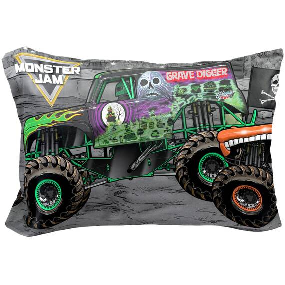 Jay Franco Monster Jam Grave Finish Line 1 Wende-Kissenbezug mit Grab Bagger, Megalodon und El Toro Loco, doppelseitig, superweiche Kinderbettwäsche