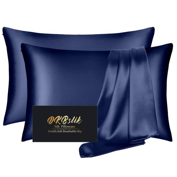 Seidenkissenbezüge, Maulbeerseide, Standard-Set, 2er-Set, glatt, Anti-Akne, Schönheitsschlaf, beide Seiten, natürliche Seidensatin-Kissenbezüge für Damen, 2 Stück mit Reißverschluss, Marineblau