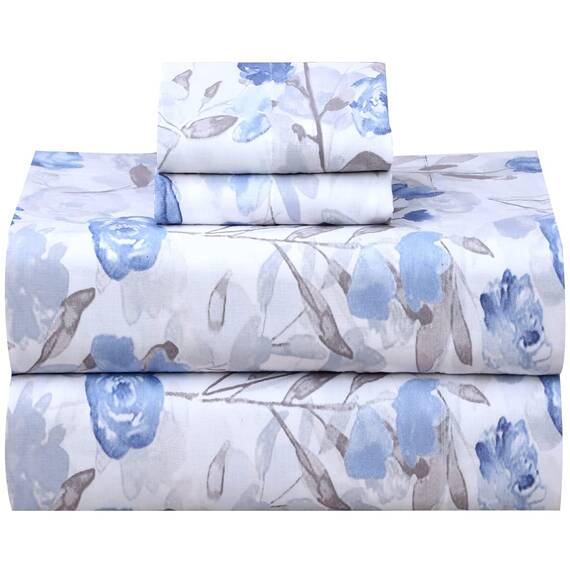 Ruvanti Bettwäsche aus 100 % Baumwolle, 4-teiliges Bettwäscheset, blaues und graues Blumenmuster, King-Size-Bettlaken, weich, kühlendes Bettwäscheset enthält 1 Bettlaken, 2 Kissenbezüge.