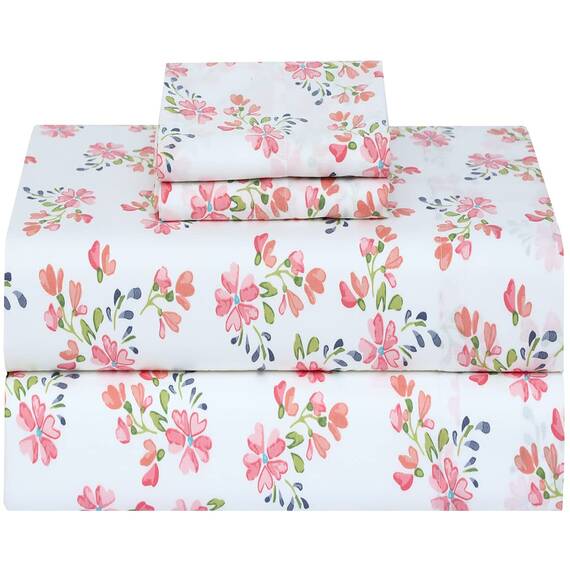 RUVANTI Bettlaken-Set aus 100 % Baumwolle, atmungsaktive Perkal-Webart, 40,6 cm tiefe Taschen, Hotelstandard, angenehm kühl, langlebig, Blumendesign, Doppelbett, 4-teilig, Bloomex