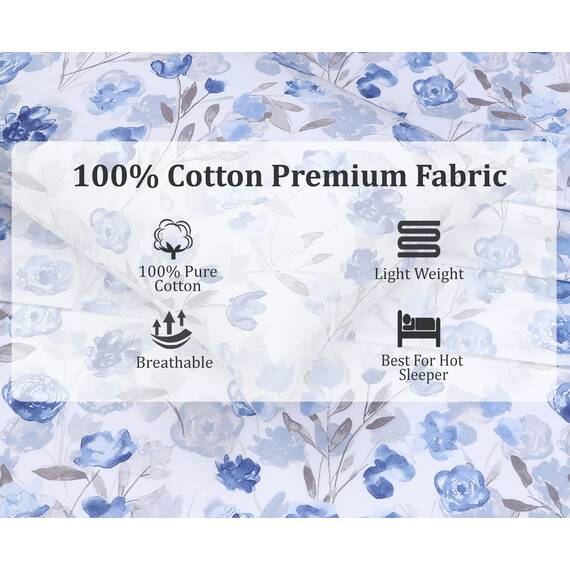 RUVANTI Bettwäsche aus 100% Baumwolle, 4-teiliges Bettwäscheset, blaues und graues Blumenmuster, Queen-Size-Bettlaken, weich, kühlendes Bettwäscheset enthält 1 Bettlaken, 2 Kissenbezüge