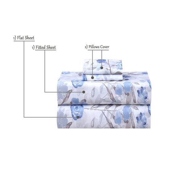 RUVANTI Bettwäsche aus 100% Baumwolle, 4-teiliges Bettwäscheset, blaues und graues Blumenmuster, volle Größe, weich, atmungsaktiv, Tiefe Spannbettlaken, 1 Spannbetttuch, 2 Kissenbezüge.