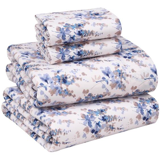 RUVANTI Bettwäsche aus 100% Baumwolle, 4-teiliges Bettwäscheset, blaues Blumenmuster, Queen-Size-Bettlaken, weicher, atmungsaktiver Stoff, Tiefe Spannbettlaken, 1 Spannbetttuch, 2 Kissenbezüge
