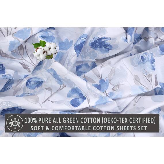 RUVANTI Bettwäsche aus 100% Baumwolle, 4-teiliges Bettwäscheset, blaues und graues Blumenmuster, volle Größe, weich, atmungsaktiv, Tiefe Spannbettlaken, 1 Spannbetttuch, 2 Kissenbezüge.