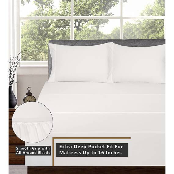 RUVANTI Bettlaken aus 100% Baumwolle für Queen-Size-Bett, knusprig, kühlendes Perkal-Bettlaken, atmungsaktiv und langlebig, Queen-Size-Bettlaken-Set, Tiefe Tasche 38,1 cm, gebrochenes Weiß, 4-teilig