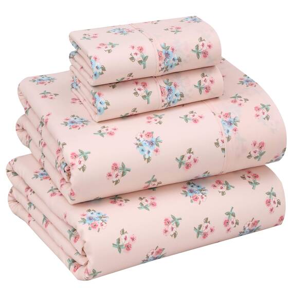 RUVANTI Bettlaken aus 100% Baumwolle für Queen-Size-Betten – knusprige, kühlende Perkal-Bettlaken – atmungsaktiv und langlebig – 40,6 cm Tiefe Queen-Size-Bettlaken – rosa Blumen – 4 Stück