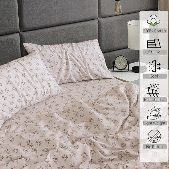RUVANTI Bettlaken-Set aus 100 % Baumwolle, atmungsaktive Perkal-Webart, 40,6 cm tiefe Taschen, Hotelstandard, angenehm kühl, langlebig, Blumendesign, Einzelbett XL, 3-teilig, Doppelfeder