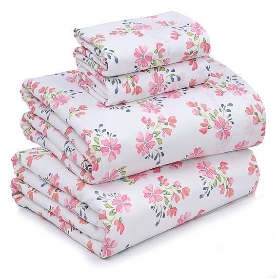 RUVANTI Bettlaken-Set aus 100 % Baumwolle, atmungsaktive Perkal-Webart, 40,6 cm tiefe Taschen, Hotelstandard, angenehm kühl, langlebig, Blumendesign, Doppelbett, 4-teilig, Bloomex