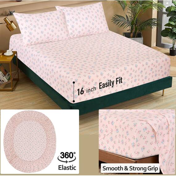 RUVANTI Bettlaken aus 100% Baumwolle für Queen-Size-Betten – knusprige, kühlende Perkal-Bettlaken – atmungsaktiv und langlebig – 40,6 cm Tiefe Queen-Size-Bettlaken – rosa Blumen – 4 Stück