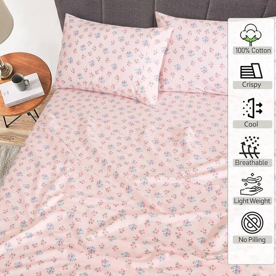 RUVANTI Bettlaken aus 100% Baumwolle für Queen-Size-Betten – knusprige, kühlende Perkal-Bettlaken – atmungsaktiv und langlebig – 40,6 cm Tiefe Queen-Size-Bettlaken – rosa Blumen – 4 Stück