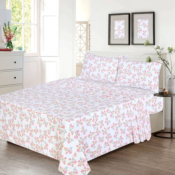 RUVANTI Bettlaken-Set aus 100 % Baumwolle, atmungsaktive Perkal-Webart, 40,6 cm tiefe Taschen, Hotelstandard, angenehm kühl, langlebig, Blumendesign, Doppelbett, 4-teilig, Bloomex
