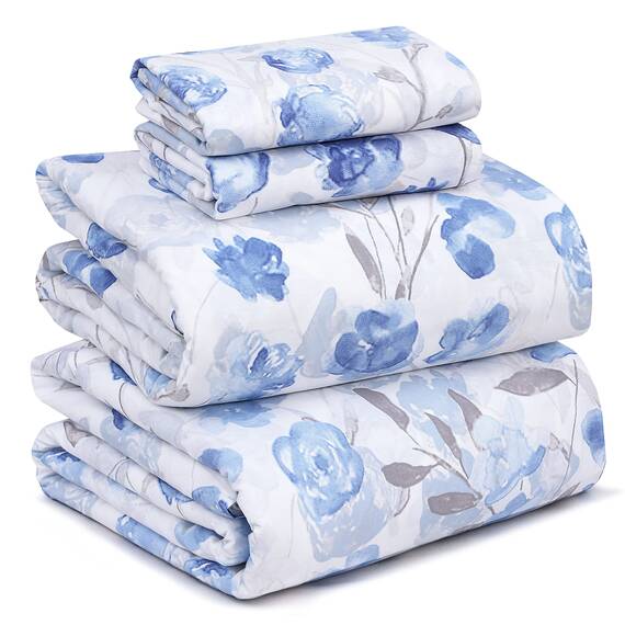 RUVANTI Bettwäsche aus 100% Baumwolle, 4-teiliges Bettwäscheset, blaues und graues Blumenmuster, volle Größe, weich, atmungsaktiv, Tiefe Spannbettlaken, 1 Spannbetttuch, 2 Kissenbezüge.