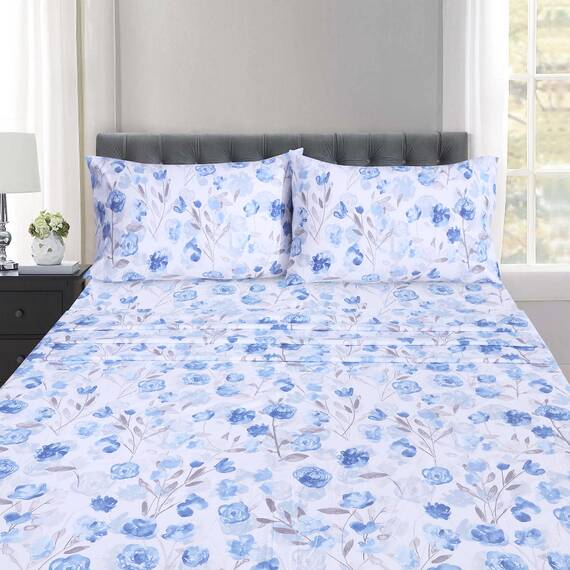 RUVANTI Bettwäsche aus 100% Baumwolle, 4-teiliges Bettwäscheset, blaues und graues Blumenmuster, Queen-Size-Bettlaken, weich, kühlendes Bettwäscheset enthält 1 Bettlaken, 2 Kissenbezüge