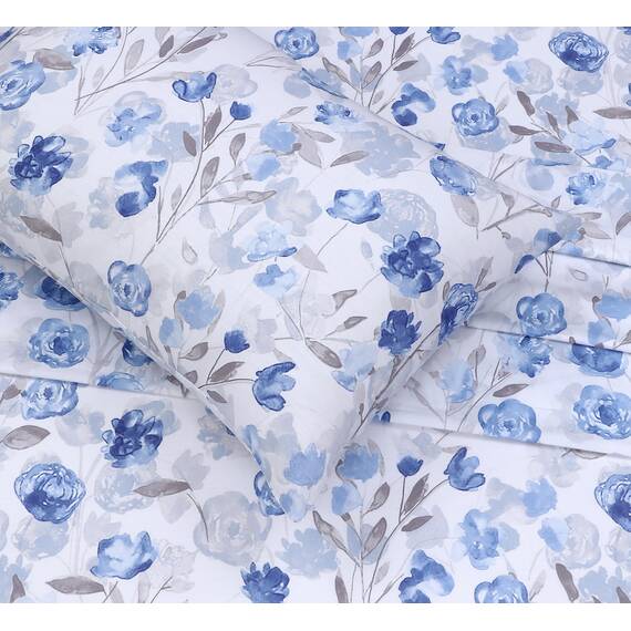 Ruvanti Bettwäsche aus 100 % Baumwolle, 4-teiliges Bettwäscheset, blaues und graues Blumenmuster, King-Size-Bettlaken, weich, kühlendes Bettwäscheset enthält 1 Bettlaken, 2 Kissenbezüge.