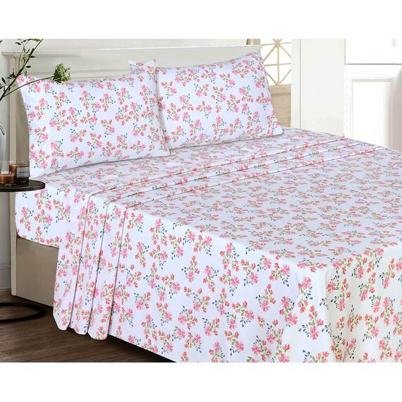 RUVANTI Bettlaken-Set aus 100 % Baumwolle, atmungsaktive Perkal-Webart, 35,6 cm tiefe Taschen, Hotelstandard, angenehm kühl, langlebig, Blumendesign, California-King-Size, 4-teilig, Bloomex