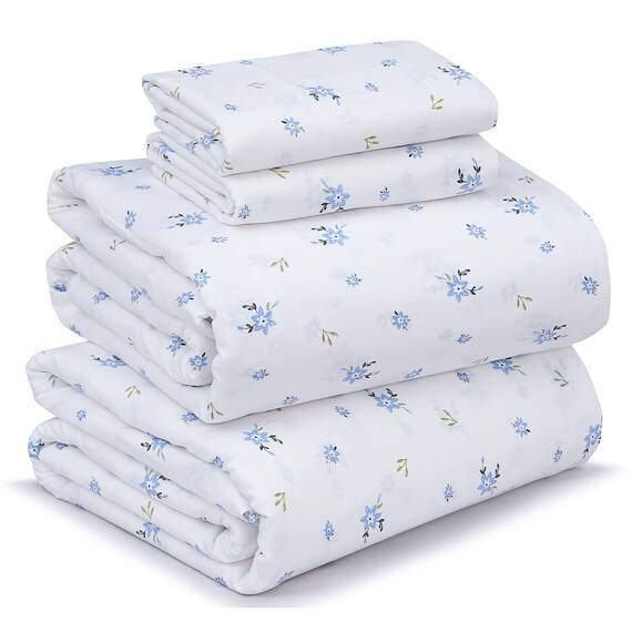RUVANTI 100% Baumwolle, 4-teiliges Bettwäsche-Set, blaues Blumenmuster, Queen-Size-Bettlaken-Set, weicher, atmungsaktiver Stoff, Tiefe Taschen, 1 Spannbetttuch, 2 Kissenbezüge.
