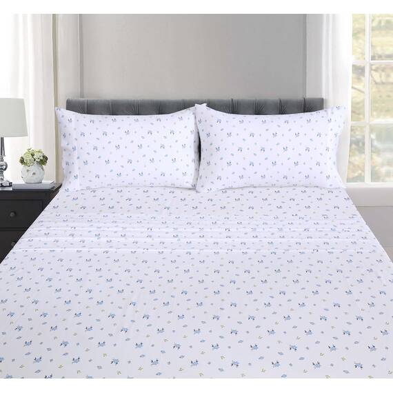 RUVANTI 100% Baumwolle, 4-teiliges Bettwäsche-Set, blaues Blumenmuster, Queen-Size-Bettlaken-Set, weicher, atmungsaktiver Stoff, Tiefe Taschen, 1 Spannbetttuch, 2 Kissenbezüge.