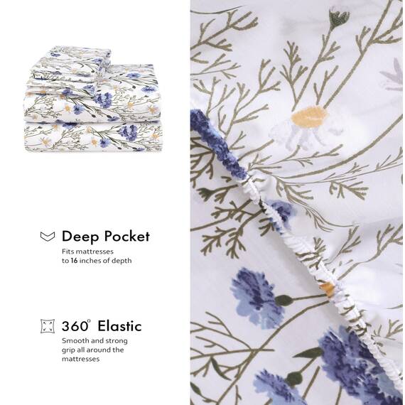 RUVANTI Bettlaken-Set aus 100% Baumwolle, atmungsaktive Perkal-Webart, 40,6 cm Tiefe Taschen, Hotelstandard, angenehm kühl, langlebig, Blumendesign, Einzelbett, 3-teilig, Süßbohne