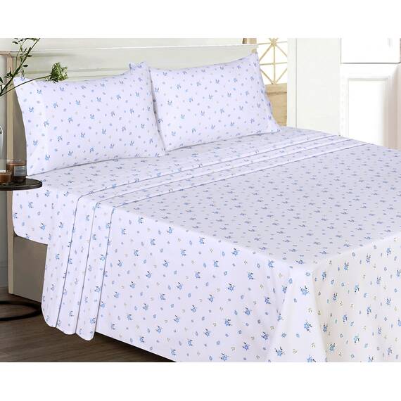 RUVANTI 100% Baumwolle, 4-teiliges Bettwäsche-Set, blaues Blumenmuster, Queen-Size-Bettlaken-Set, weicher, atmungsaktiver Stoff, Tiefe Taschen, 1 Spannbetttuch, 2 Kissenbezüge.