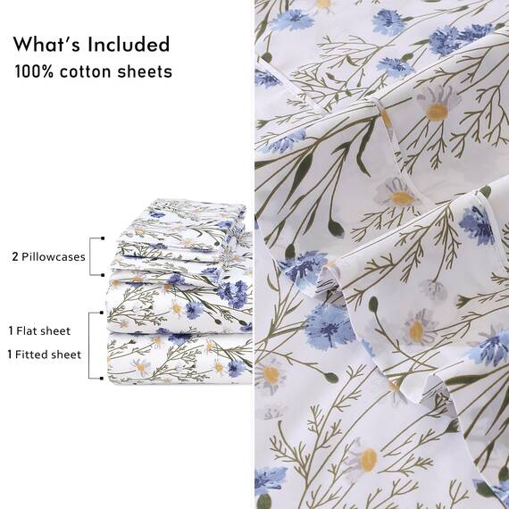 RUVANTI Bettlaken aus 100% Baumwoll-Perkal für Betten in voller Größe – 40,6 cm Tiefe Tasche – knackig und kühl – glatt und bequem – strapazierfähiges blaues Blumen-Bettlaken-Set (1 flaches