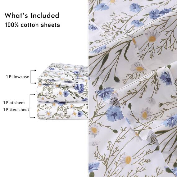 RUVANTI Bettlaken-Set aus 100% Baumwolle, atmungsaktive Perkal-Webart, 40,6 cm Tiefe Taschen, Hotelstandard, angenehm kühl, langlebig, Blumendesign, Einzelbett, 3-teilig, Süßbohne