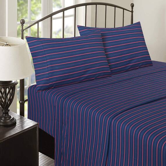 RUVANTI Bettlaken-Set aus 100 % Baumwolle, atmungsaktive Perkal-Webart, 40,6 cm tiefe Taschen, Hotelstandard, angenehm kühl, langlebig, gestreift, Einzelbett XL, 3-teilig, Nautisch