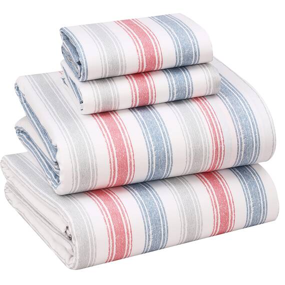RUVANTI Bettlaken-Set aus 100% Baumwolle, atmungsaktive Perkal-Webart, 35,6 cm Tiefe Taschen, Hotelstandard, angenehm kühl, langlebig, gestreift, California-King-Size, 4-teilig, Zeiten